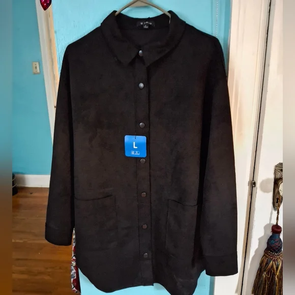 Well Worn Shirt Jacket Women's Large Black Brushed Suede Feel 2 Pockets NWT - Picture 4 of 7